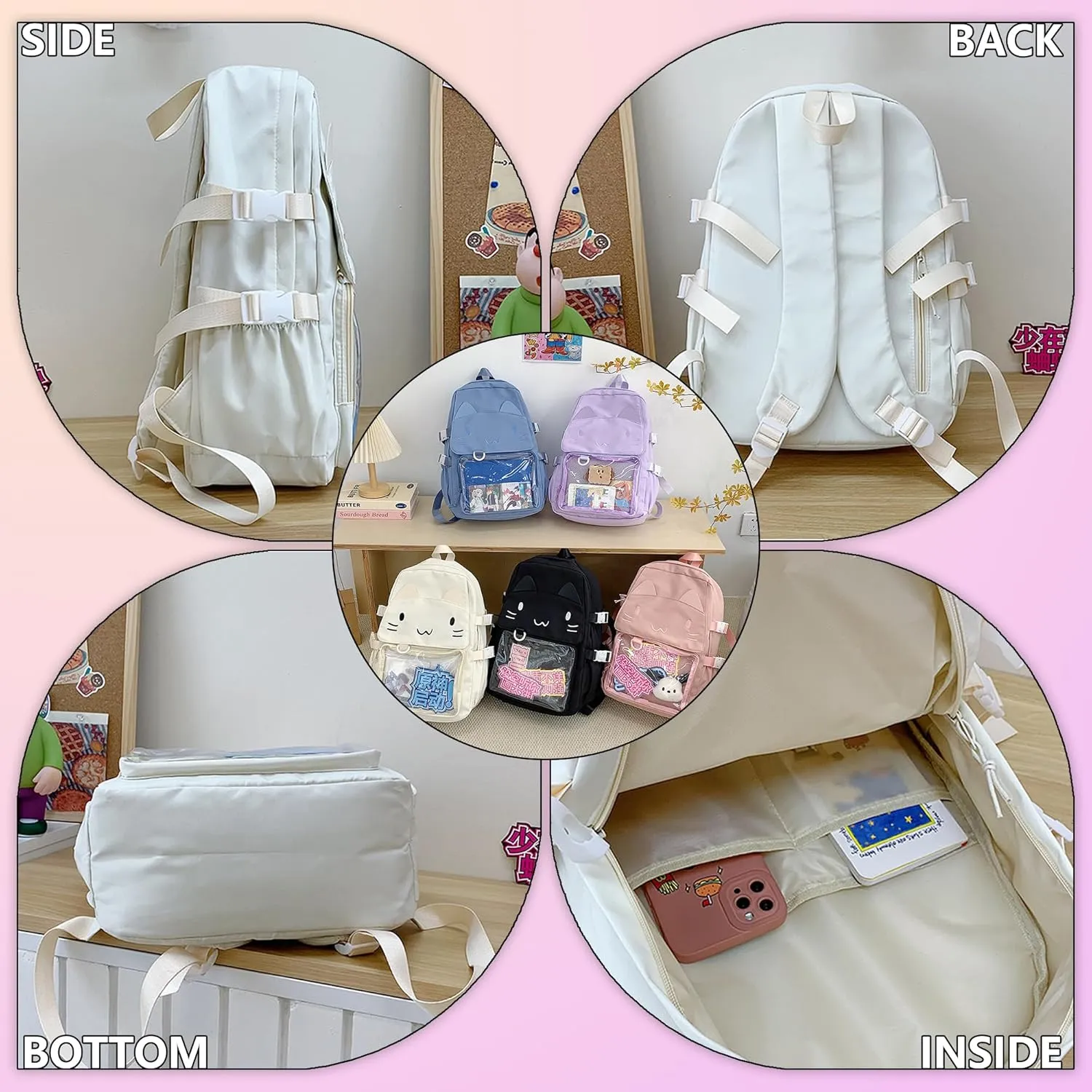 Kawaii Ita Bag with Anime Display Insert & Pin Japanese-Style Cat Emo Casual Daypack For Cosplay Travel Hiking and Daily Use (Pink)