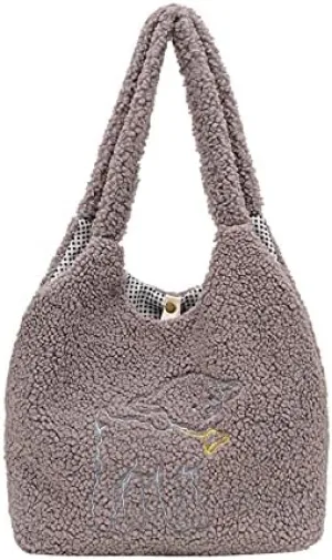 Kawaii Tote Bags Aesthetic Cute Lamb Embroidery Purse Fluffy Underarm Bag Faux Fur Shoulder Bag with Interior Pockets