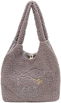 Kawaii Tote Bags Aesthetic Cute Lamb Embroidery Purse Fluffy Underarm Bag Faux Fur Shoulder Bag with Interior Pockets