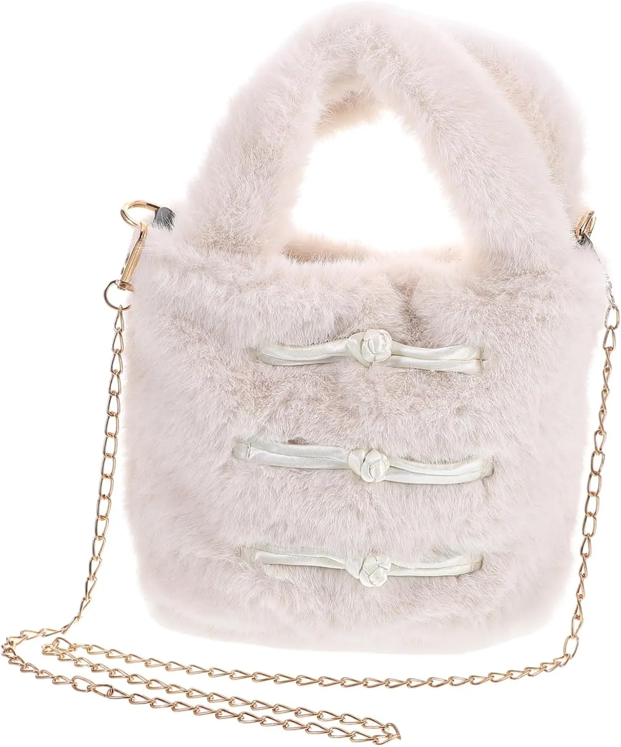 KESYOO Faux Fur Plush Shoulder Bag Stylish Handheld Bucket Bag with Chain Furry Crossbody Tote for Winter Travel Chic Chinese Style Purse