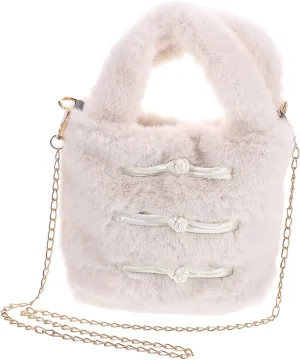 KESYOO Faux Fur Plush Shoulder Bag Stylish Handheld Bucket Bag with Chain Furry Crossbody Tote for Winter Travel Chic Chinese Style Purse