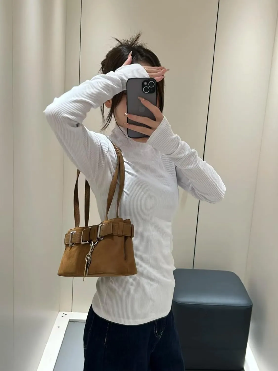 Key Chain Shoulder Bag Y2k Belted Handbag Faux Leather Grunge Purse for Women Top Handle Bag 2000s Streetwear
