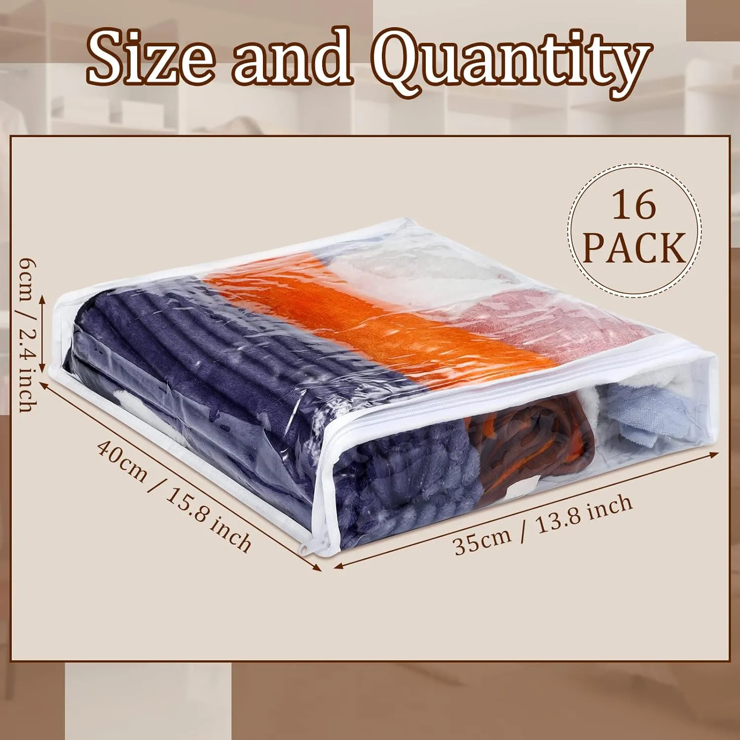 Kingdder 16 Pcs Clear Vinyl Zippered Sweater Storage Bags with Zipper Plastic Sheet Organizer and Storage for Clothing Blankets Sheet Linen Bed Pillow Cube Organizer(16 x 14 x 2.5 Inch)