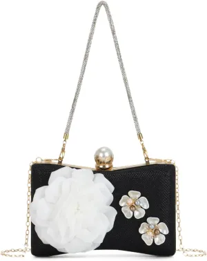 KUANG! Women's 3D Flower Bags Evening Purse with Chain Handbags Pearls Floral Clutch Wedding Crossbody Shoulder Bag