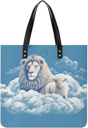 Lamb with A Lion On The Clouds Leather Handbags Crossbody Bags for Women Trendy Vegan Purses Shoulder Handbags with Wide Shoulder Strap And Zipper