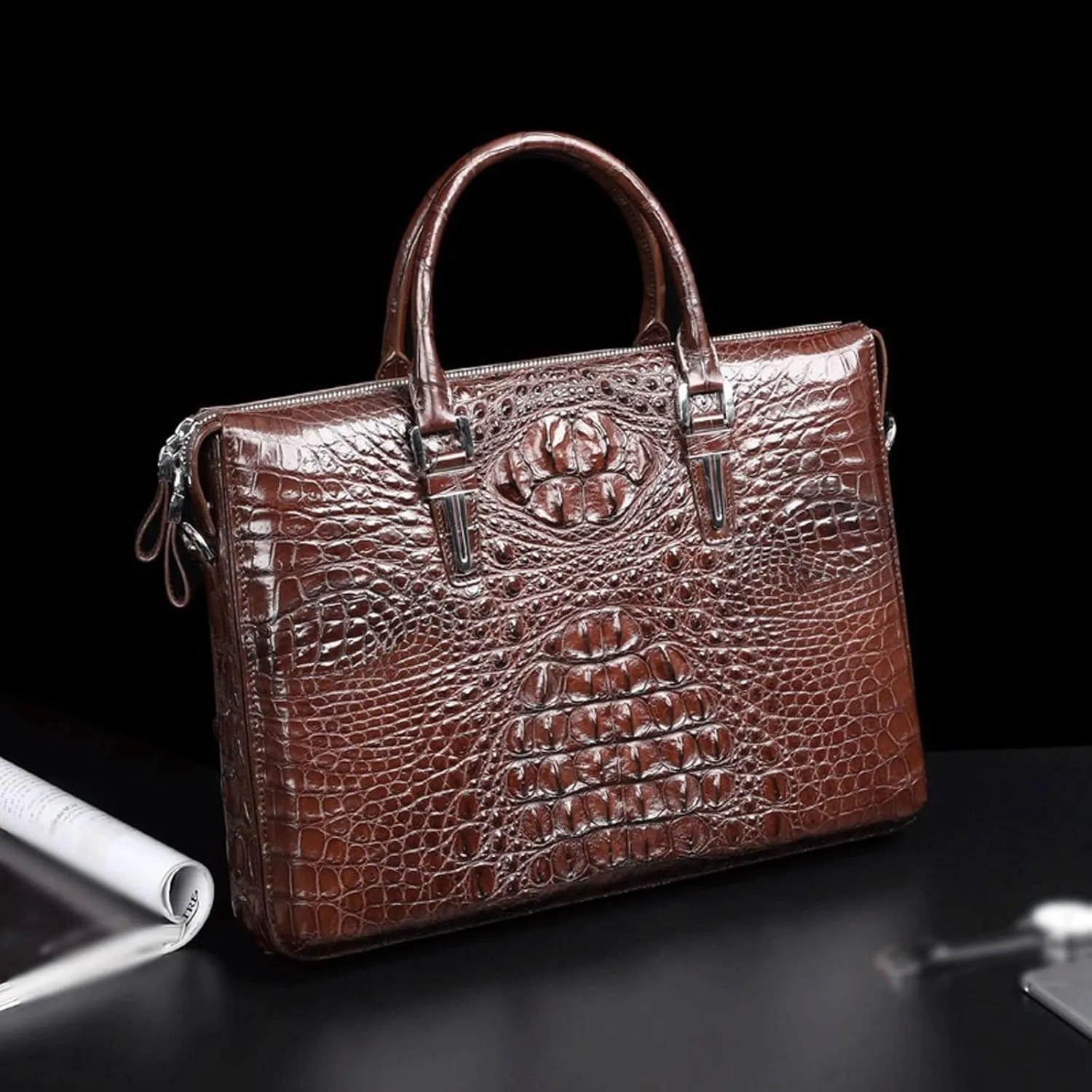 Laptop case Men's Bags Fashion Crocodile Leather Business Handbag Briefcase Compact Laptop Bag(Black)