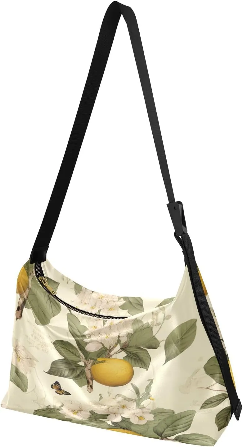 Large Blossoms Flowers Painted Hobo Bag with Zipper, Women's Shoulder Bags, Vegan Crossbody Bag