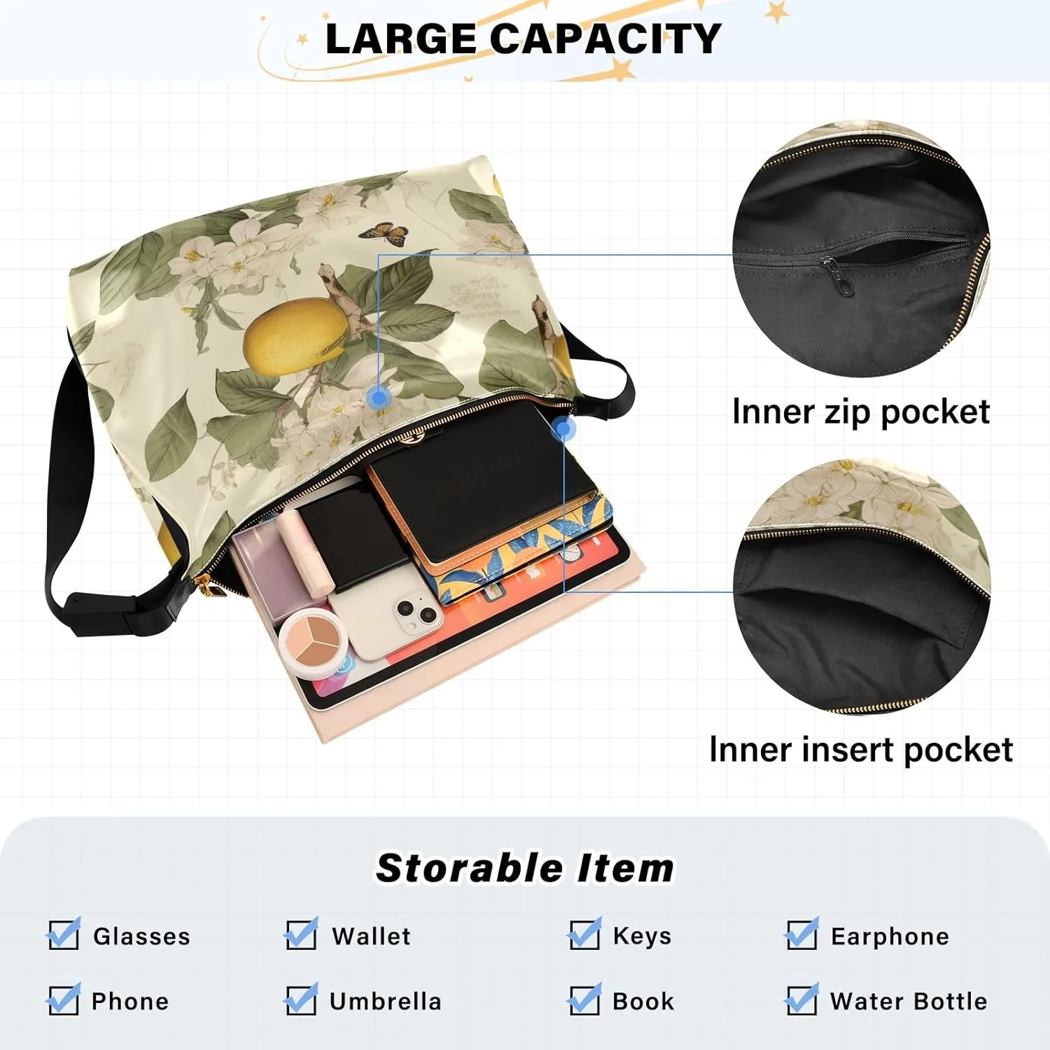 Large Blossoms Flowers Painted Hobo Bag with Zipper, Women's Shoulder Bags, Vegan Crossbody Bag