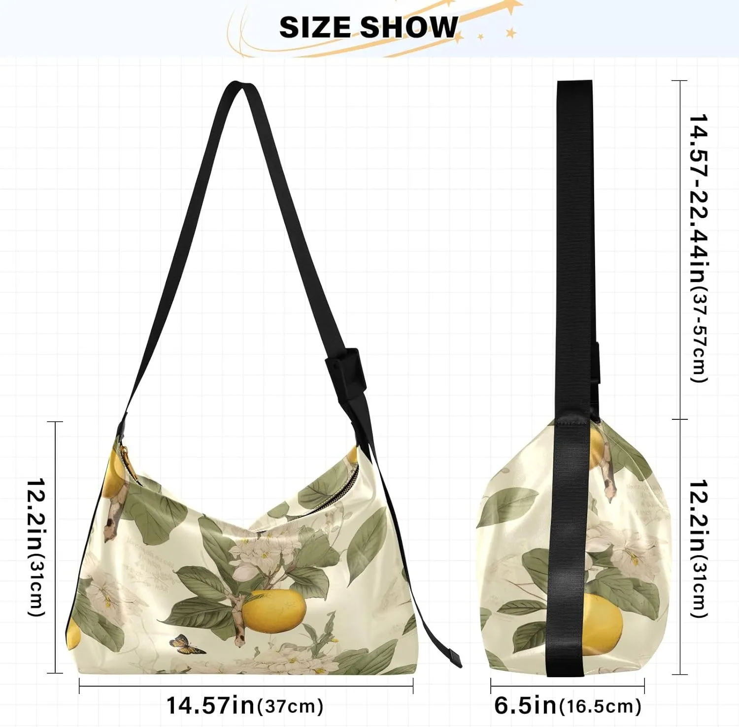 Large Blossoms Flowers Painted Hobo Bag with Zipper, Women's Shoulder Bags, Vegan Crossbody Bag