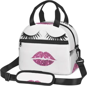 Large Capacity Lunchbag for Women Men Crossbody Lunch Tote Bags Reusable Insulated Cooler Bag Lunch Box Bag for Work Picnic Travel Camping - Eyelash Lip White Print