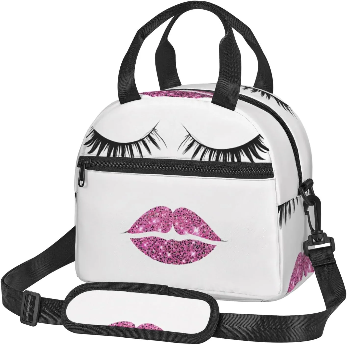 Large Capacity Lunchbag for Women Men Crossbody Lunch Tote Bags Reusable Insulated Cooler Bag Lunch Box Bag for Work Picnic Travel Camping - Eyelash Lip White Print