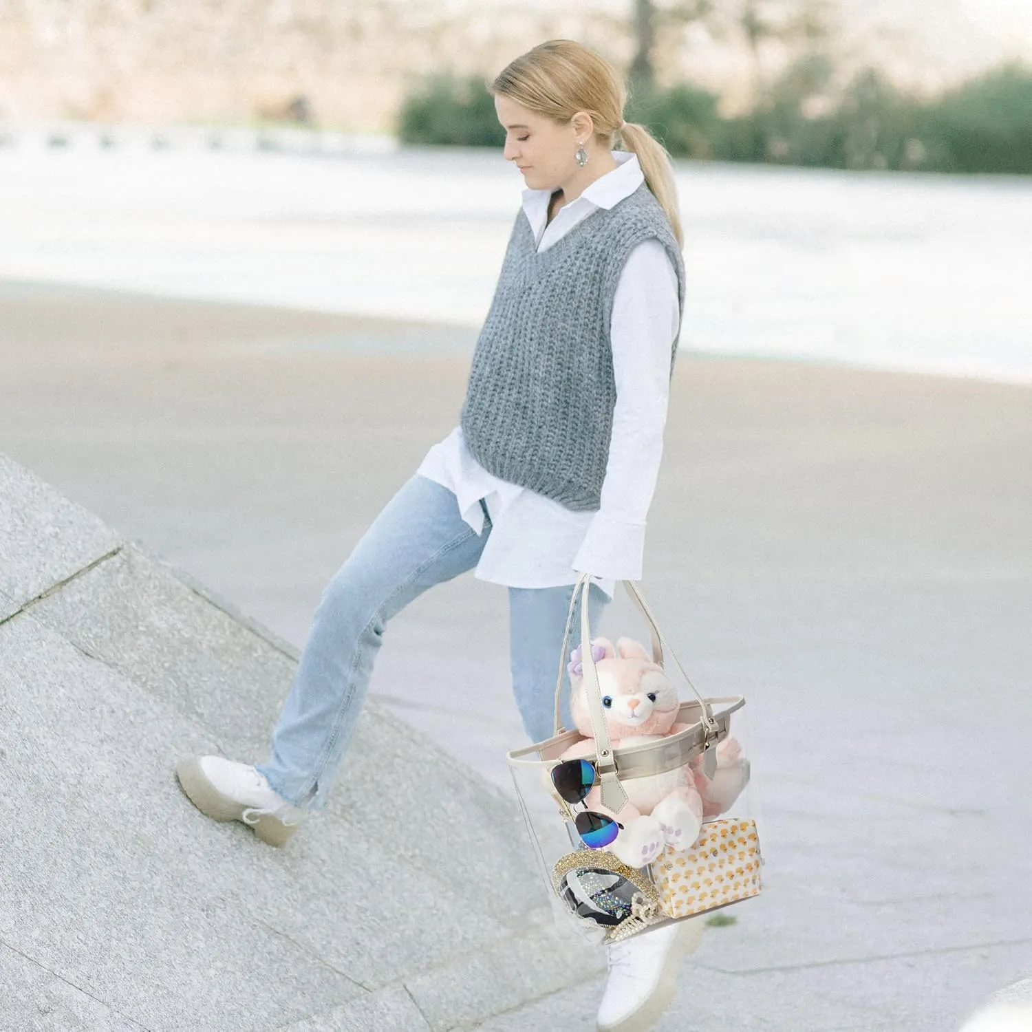 Large Clear Bag Transparent Shoulder Handbag with Plush Pendant