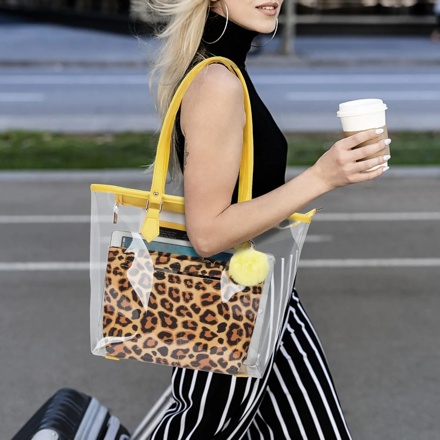 Large Clear Bag Transparent Shoulder Handbag with Plush Pendant
