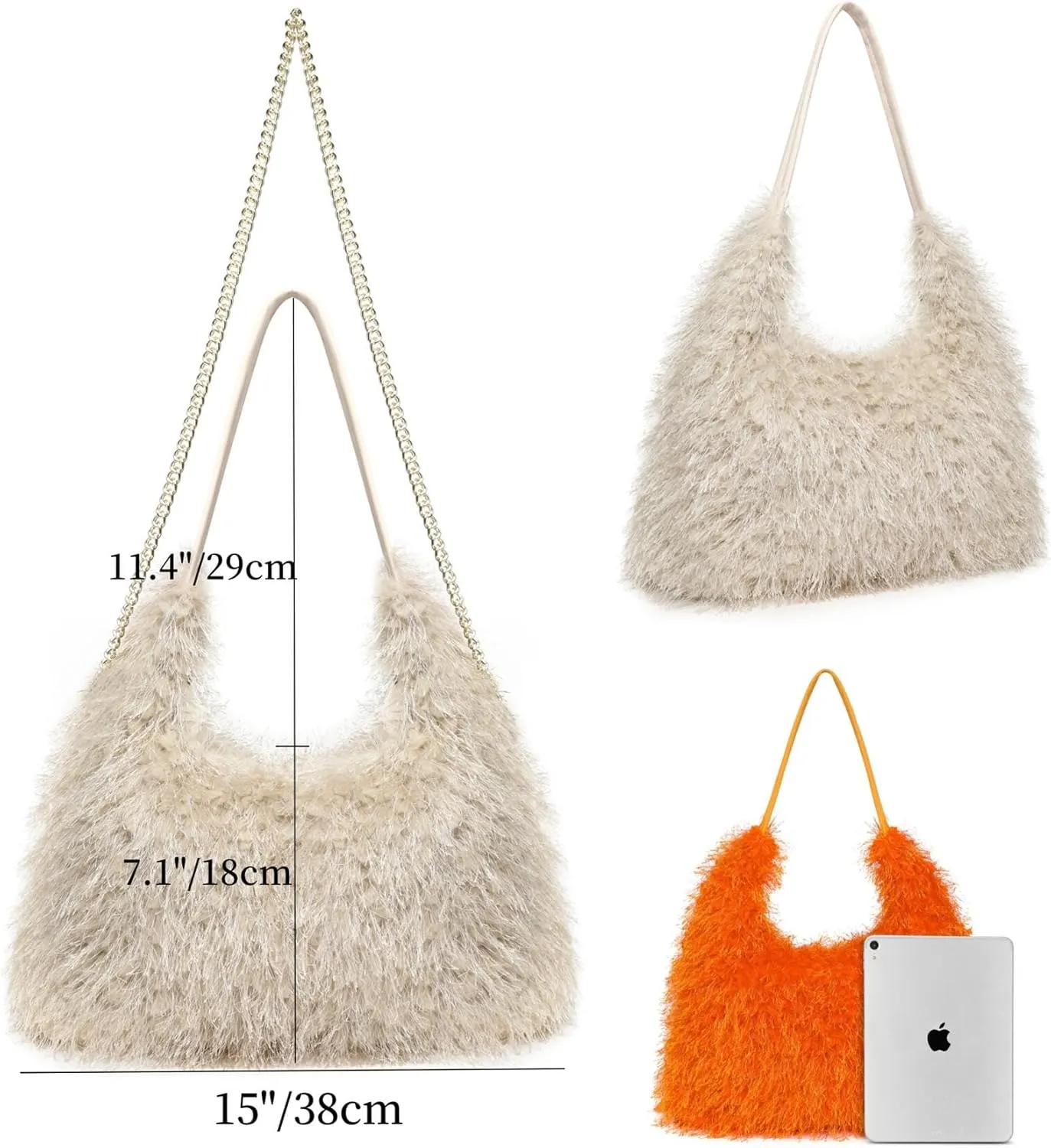 Large Furry Hobo Shoulder Crossbody Bag for Women Faux Fur Fuzzy Plush Purse and Handbag With Long Chain Strap