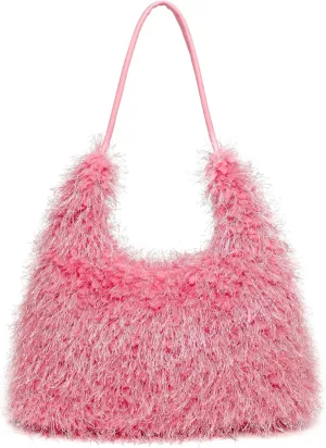 Large Furry Hobo Shoulder Crossbody Bag for Women Faux Fur Fuzzy Plush Purse and Handbag With Long Chain Strap