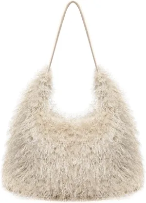 Large Furry Hobo Shoulder Crossbody Bag for Women Faux Fur Fuzzy Plush Purse and Handbag With Long Chain Strap