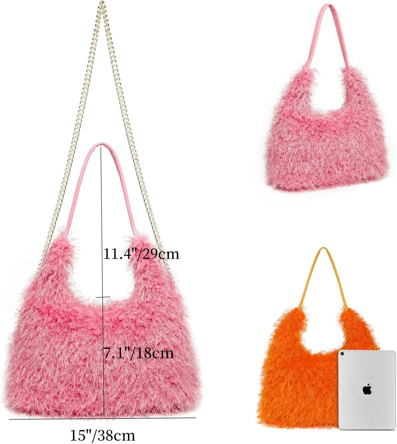 Large Furry Hobo Shoulder Crossbody Bag for Women Faux Fur Fuzzy Plush Purse and Handbag With Long Chain Strap