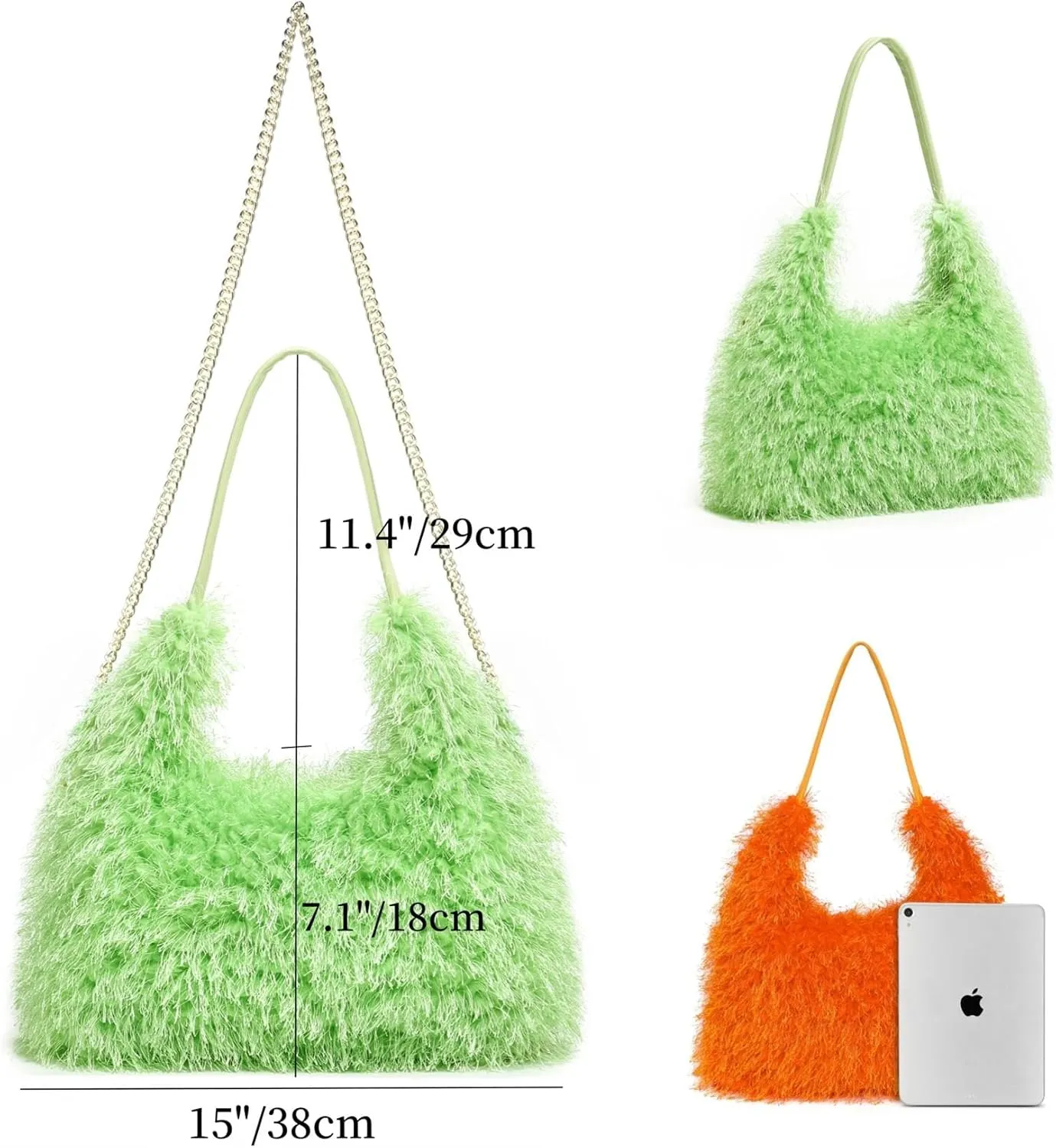 Large Furry Hobo Shoulder Crossbody Bag for Women Faux Fur Fuzzy Plush Purse and Handbag With Long Chain Strap