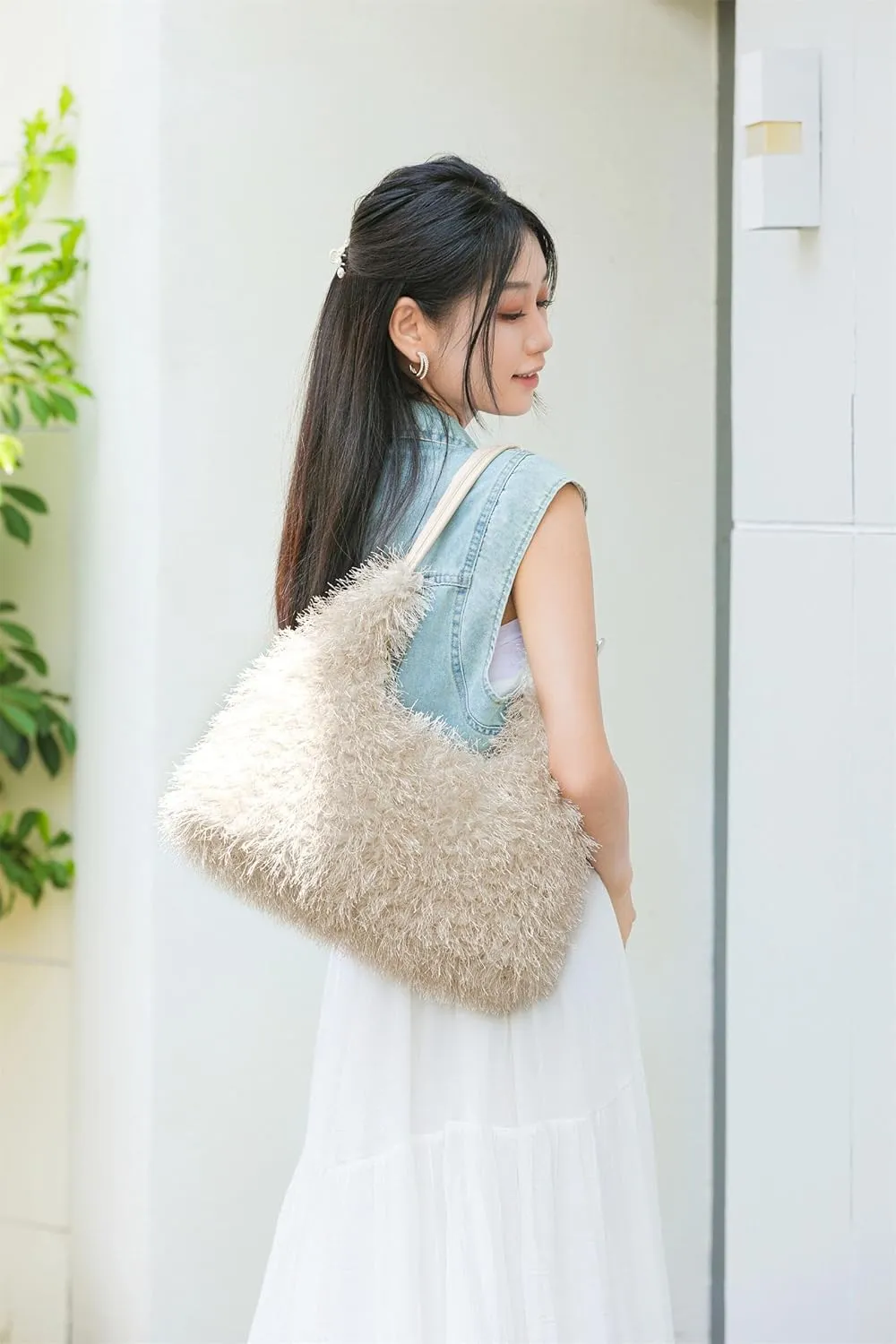 Large Furry Hobo Shoulder Crossbody Bag for Women Faux Fur Fuzzy Plush Purse and Handbag With Long Chain Strap