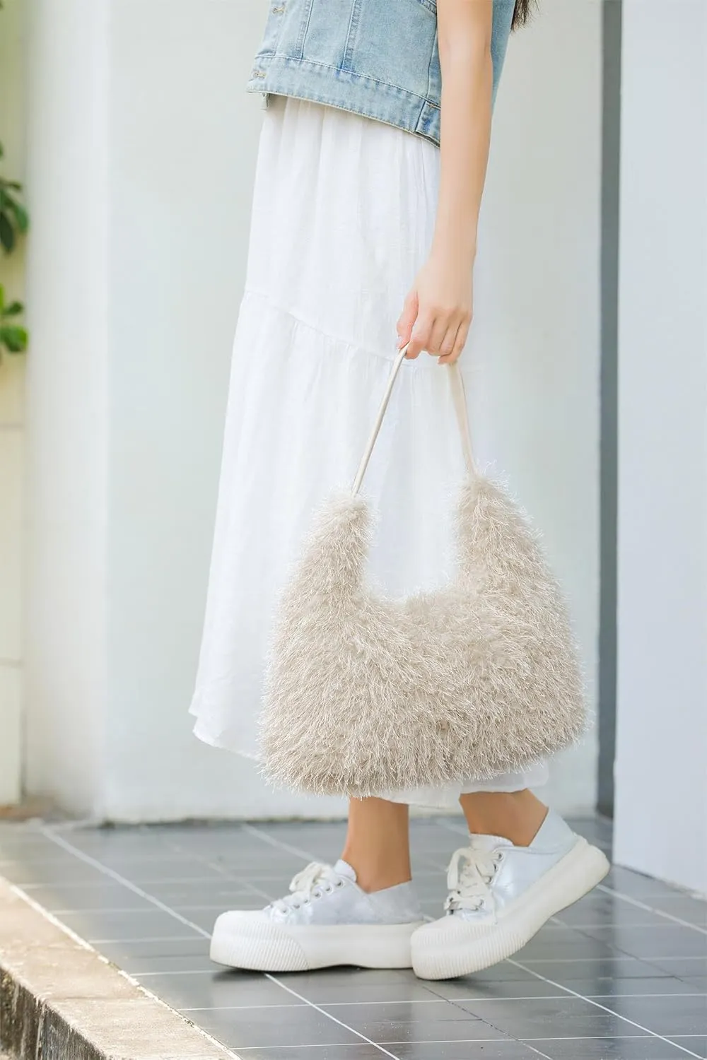 Large Furry Hobo Shoulder Crossbody Bag for Women Faux Fur Fuzzy Plush Purse and Handbag With Long Chain Strap
