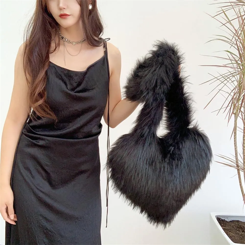 Large Heart Shaped Bag for Women Faux Fur Shoulder Purse Y2k Crossbody Bag Chic Handbag Furry Shoulder Tote Purse