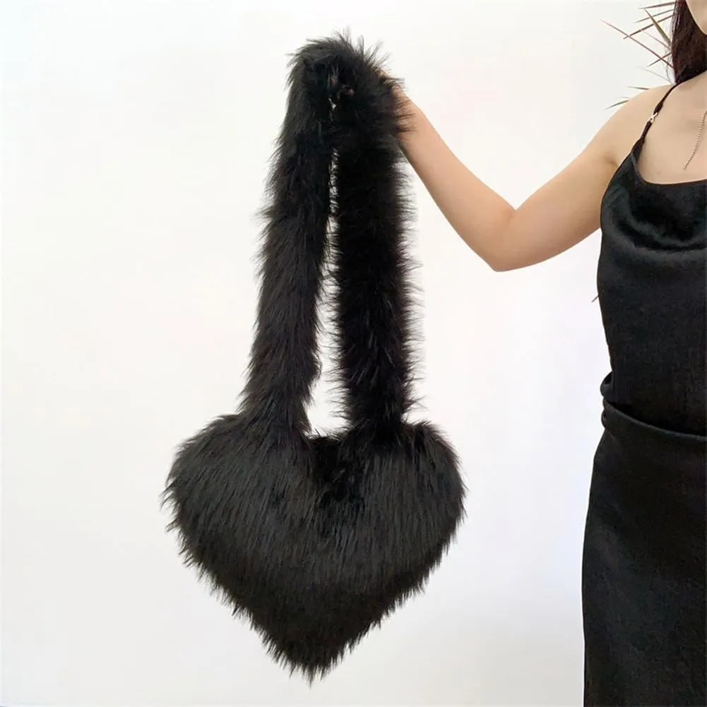 Large Heart Shaped Bag for Women Faux Fur Shoulder Purse Y2k Crossbody Bag Chic Handbag Furry Shoulder Tote Purse