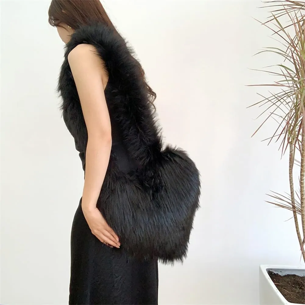 Large Heart Shaped Bag for Women Faux Fur Shoulder Purse Y2k Crossbody Bag Chic Handbag Furry Shoulder Tote Purse