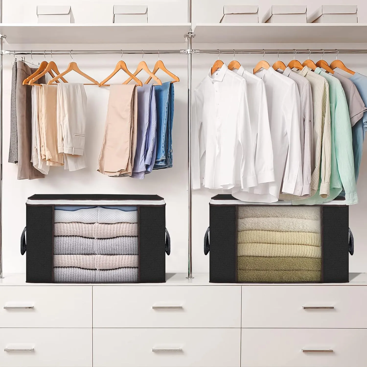 Large Storage Bags, 6 Pack Clothes Storage Bins Foldable Closet Organizers Storage Containers with Durable Handles Thick Fabric for Blanket Comforter Clothing Bedding 90 L (Black)