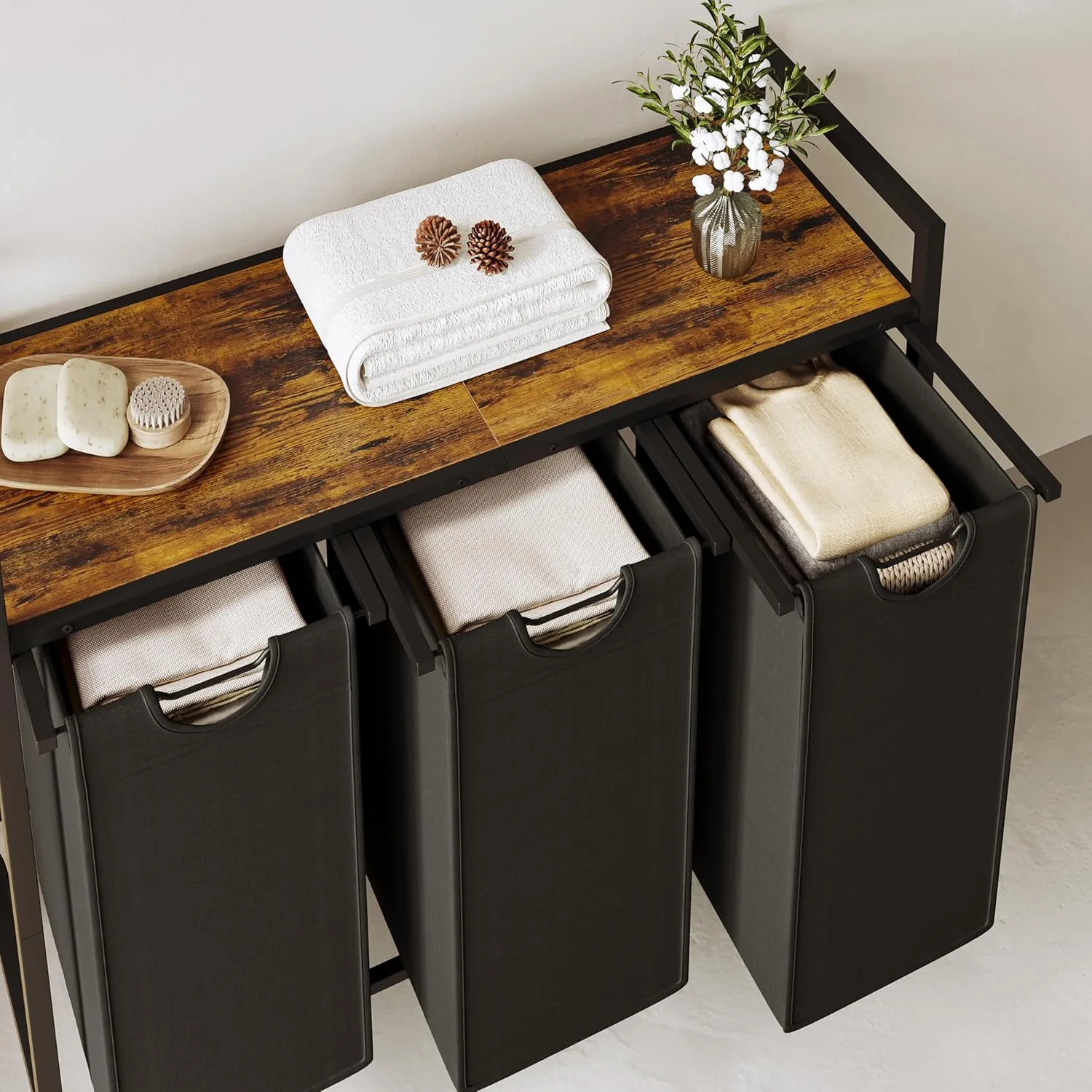 Laundry Hamper, Laundry Basket, Laundry Sorter with 3 Pull-Out and Removable Bags, Shelf, Laundry Room Storage with Table, for Bathroom, Bedroom, 3 x 11.5 Gal (43.4L), Rustic Brown