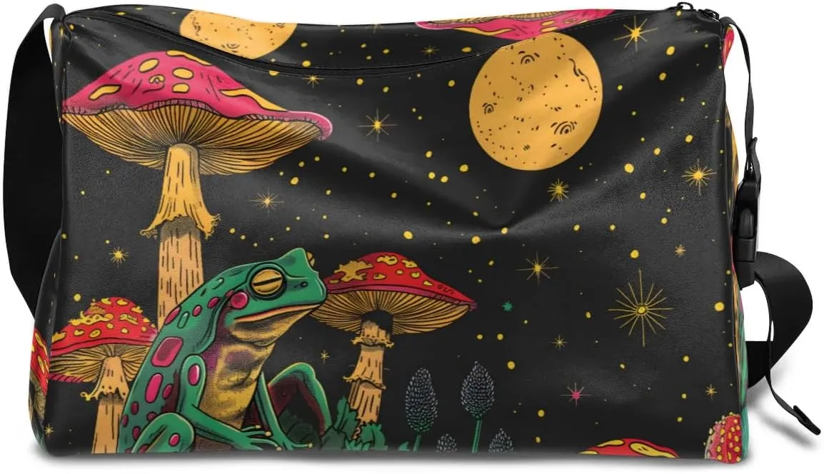 Leather Travel Duffle Bag for Women Men, Boho Frog Mushroom Moon Small Sports Gym Bag Weekender Overnight Bags Underseat Carry on Luggage Bags for Airplanes, Personal Item Travel Bag,A-030