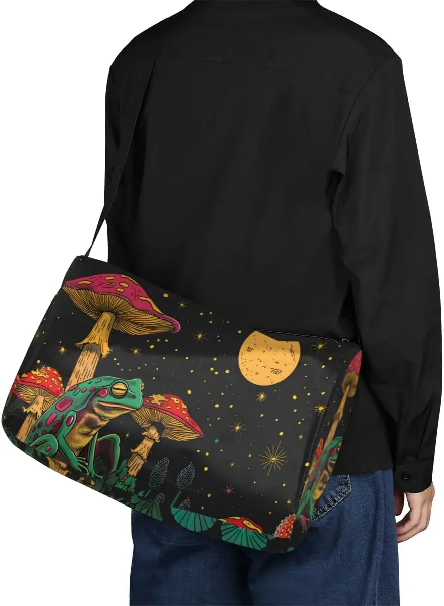 Leather Travel Duffle Bag for Women Men, Boho Frog Mushroom Moon Small Sports Gym Bag Weekender Overnight Bags Underseat Carry on Luggage Bags for Airplanes, Personal Item Travel Bag,A-030