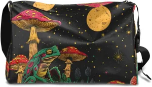 Leather Travel Duffle Bag for Women Men, Boho Frog Mushroom Moon Small Sports Gym Bag Weekender Overnight Bags Underseat Carry on Luggage Bags for Airplanes, Personal Item Travel Bag,A-030