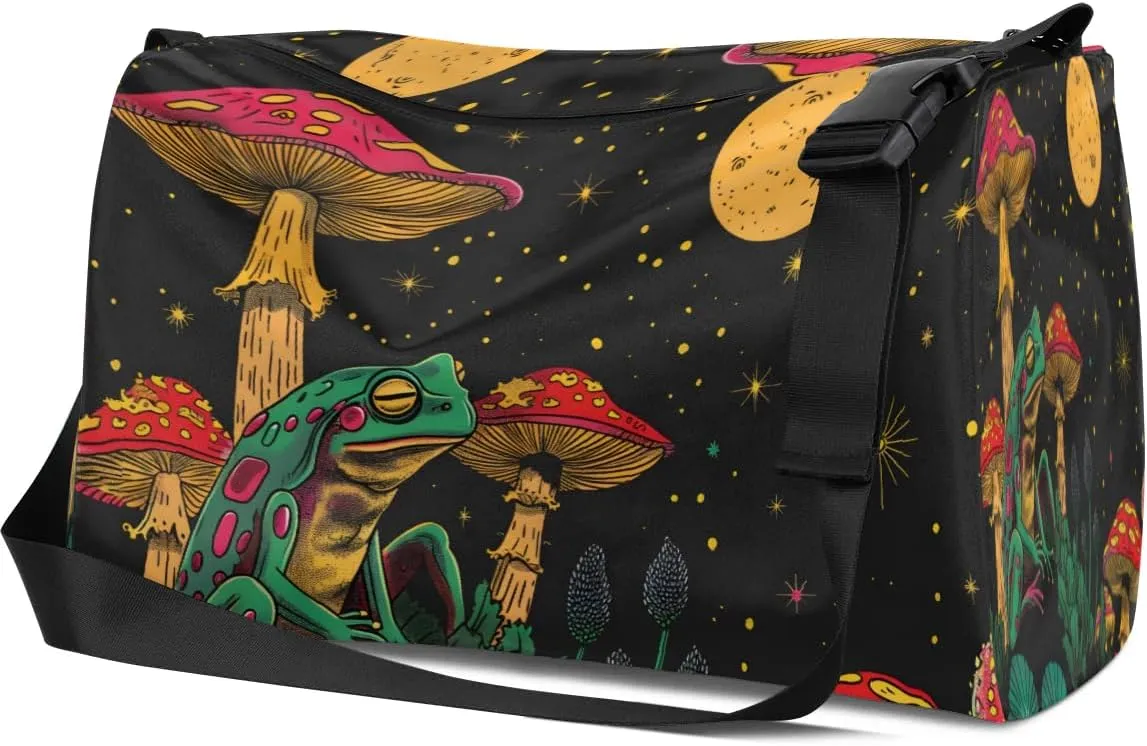 Leather Travel Duffle Bag for Women Men, Boho Frog Mushroom Moon Small Sports Gym Bag Weekender Overnight Bags Underseat Carry on Luggage Bags for Airplanes, Personal Item Travel Bag,A-030