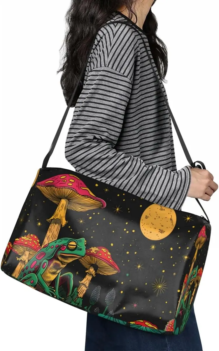 Leather Travel Duffle Bag for Women Men, Boho Frog Mushroom Moon Small Sports Gym Bag Weekender Overnight Bags Underseat Carry on Luggage Bags for Airplanes, Personal Item Travel Bag,A-030