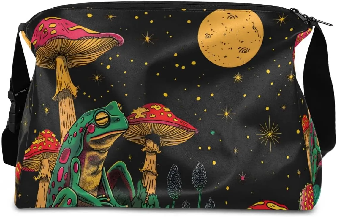 Leather Travel Duffle Bag for Women Men, Boho Frog Mushroom Moon Small Sports Gym Bag Weekender Overnight Bags Underseat Carry on Luggage Bags for Airplanes, Personal Item Travel Bag,A-030