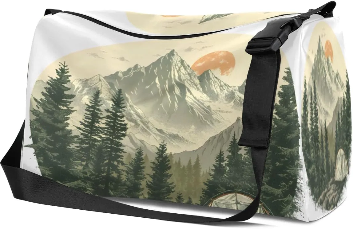 Leather Travel Duffle Bag for Women Men, Forest Mountain Landscape Scenic Small Sports Gym Bag Weekender Overnight Bags Underseat Carry on Luggage Bags for Airplanes, Personal Item Travel Bag,B-803