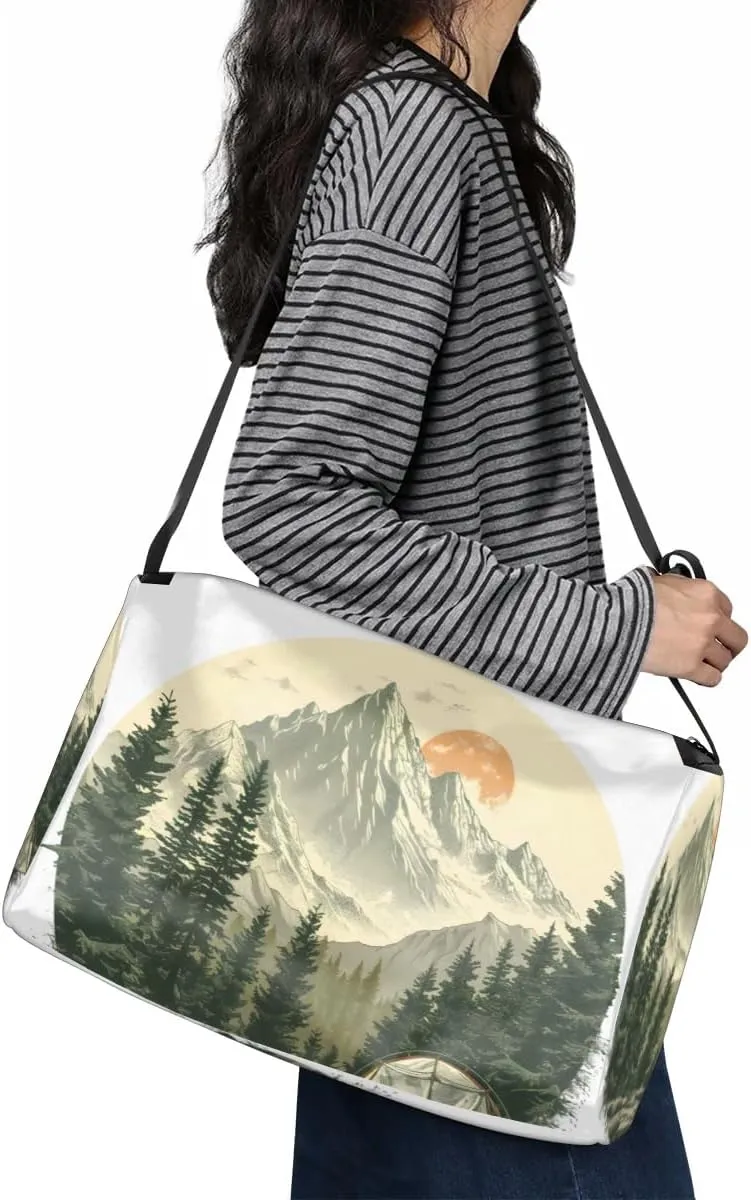Leather Travel Duffle Bag for Women Men, Forest Mountain Landscape Scenic Small Sports Gym Bag Weekender Overnight Bags Underseat Carry on Luggage Bags for Airplanes, Personal Item Travel Bag,B-803