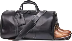 Leather Travel Luggage Bag, Mens Duffle Retro Carry on Handbag (Black)