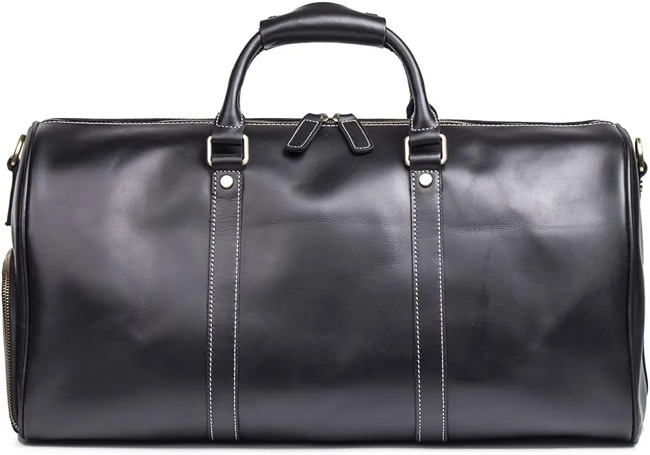 Leather Travel Luggage Bag, Mens Duffle Retro Carry on Handbag (Black)