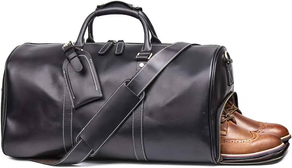 Leather Travel Luggage Bag, Mens Duffle Retro Carry on Handbag (Black)