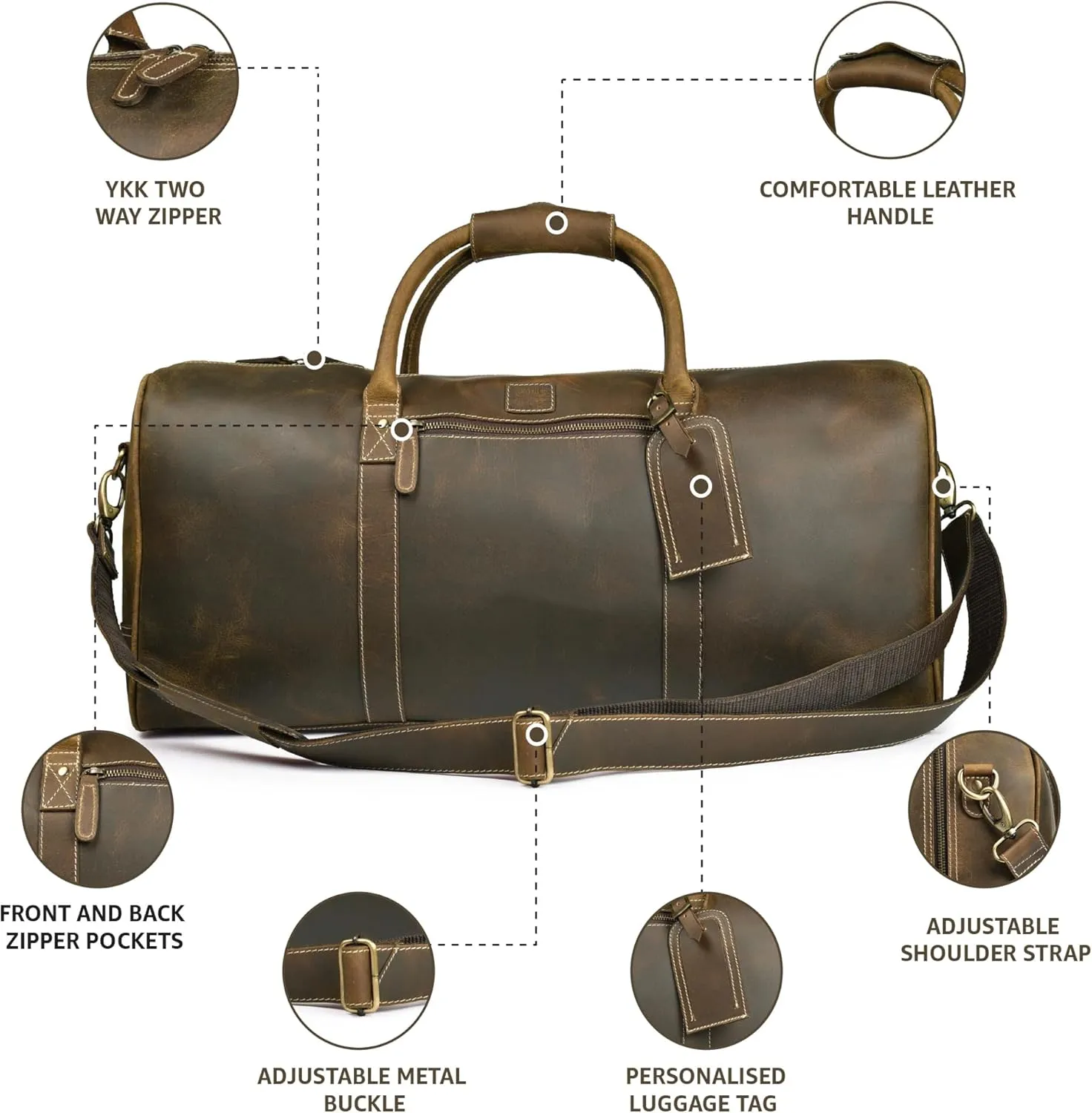 Leather Village Leather Duffle Bags for Men & Women-Stylish Travel Weekender Carry-On Sports Gym Overnight Luggage Bag - 20 Inch - Olive/Army Green