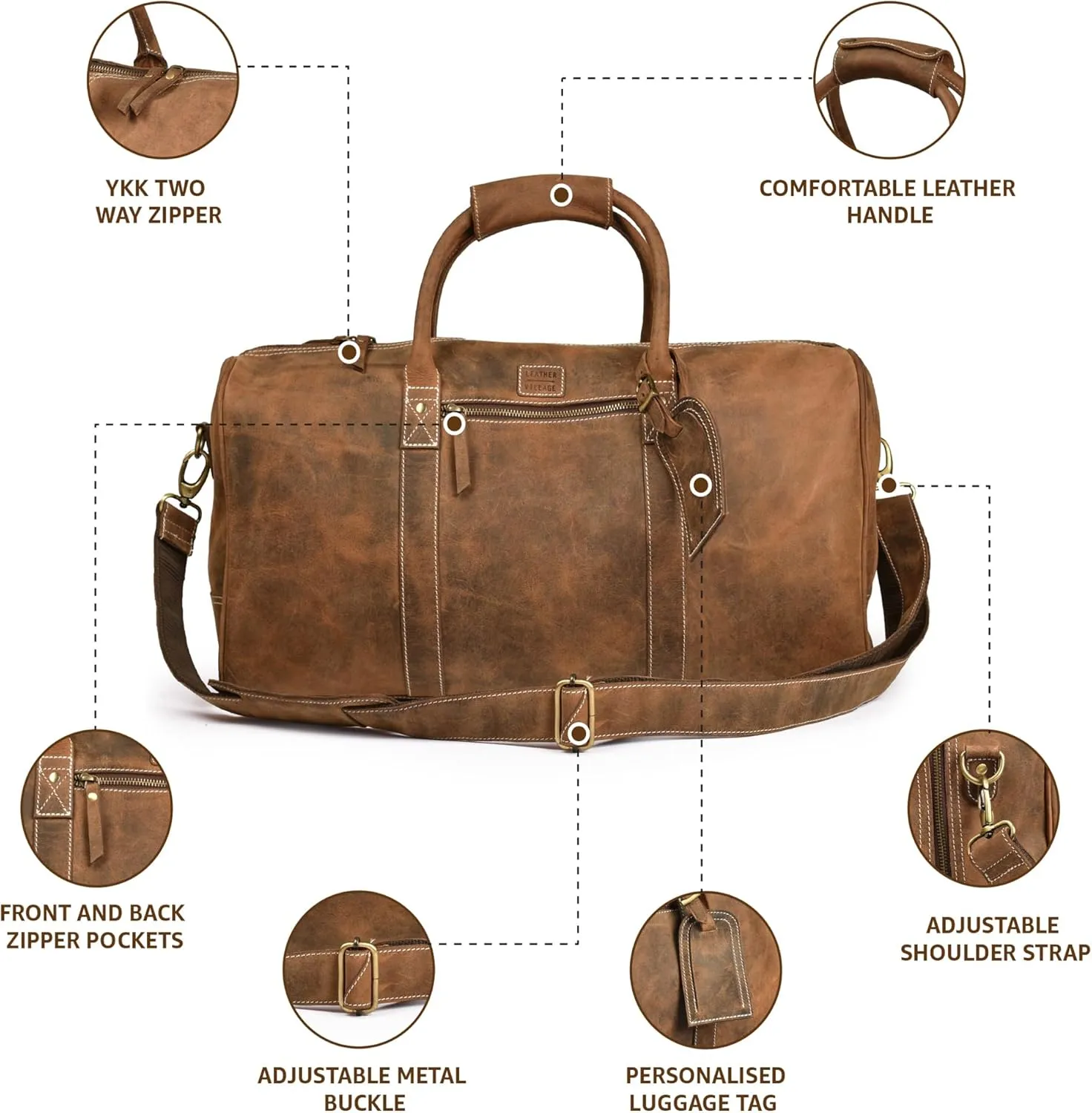 Leather Village Leather Duffle Bags for Men & Women-Stylish Travel Weekender Carry-On Sports Gym Overnight Luggage Bag - 20 Inch - Vintage Brown
