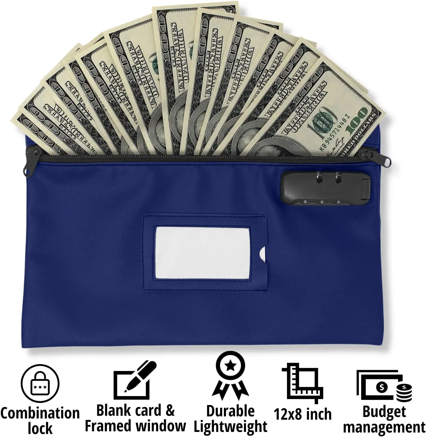 Leatherette Money Bag with Navy Blue Lock | 12x8 Inch | Cash, Bank Deposit & Mney Bank Bags With Zipper