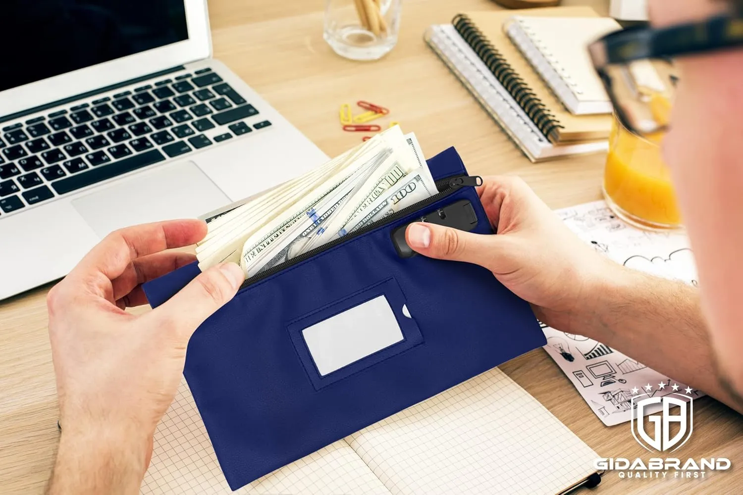 Leatherette Money Bag with Navy Blue Lock | 12x8 Inch | Cash, Bank Deposit & Mney Bank Bags With Zipper