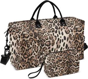 Leopard Skin Travel Bag Weekender Duffel Bag Sports Duffel Bags with Toiletry Bag for Workout Foldable Animal Fur Texture