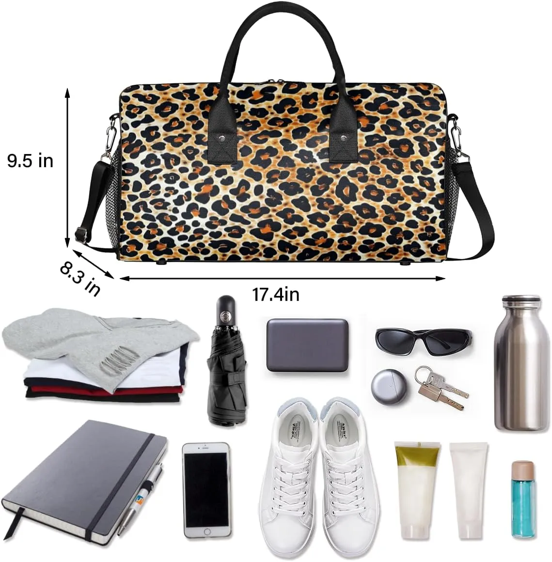 Leopard Travel Duffle Bag for Women Men Foldable Waterproof Weekender Bag Carry on Tote for Overnight Sports Gym Leopard Print Faux Fur