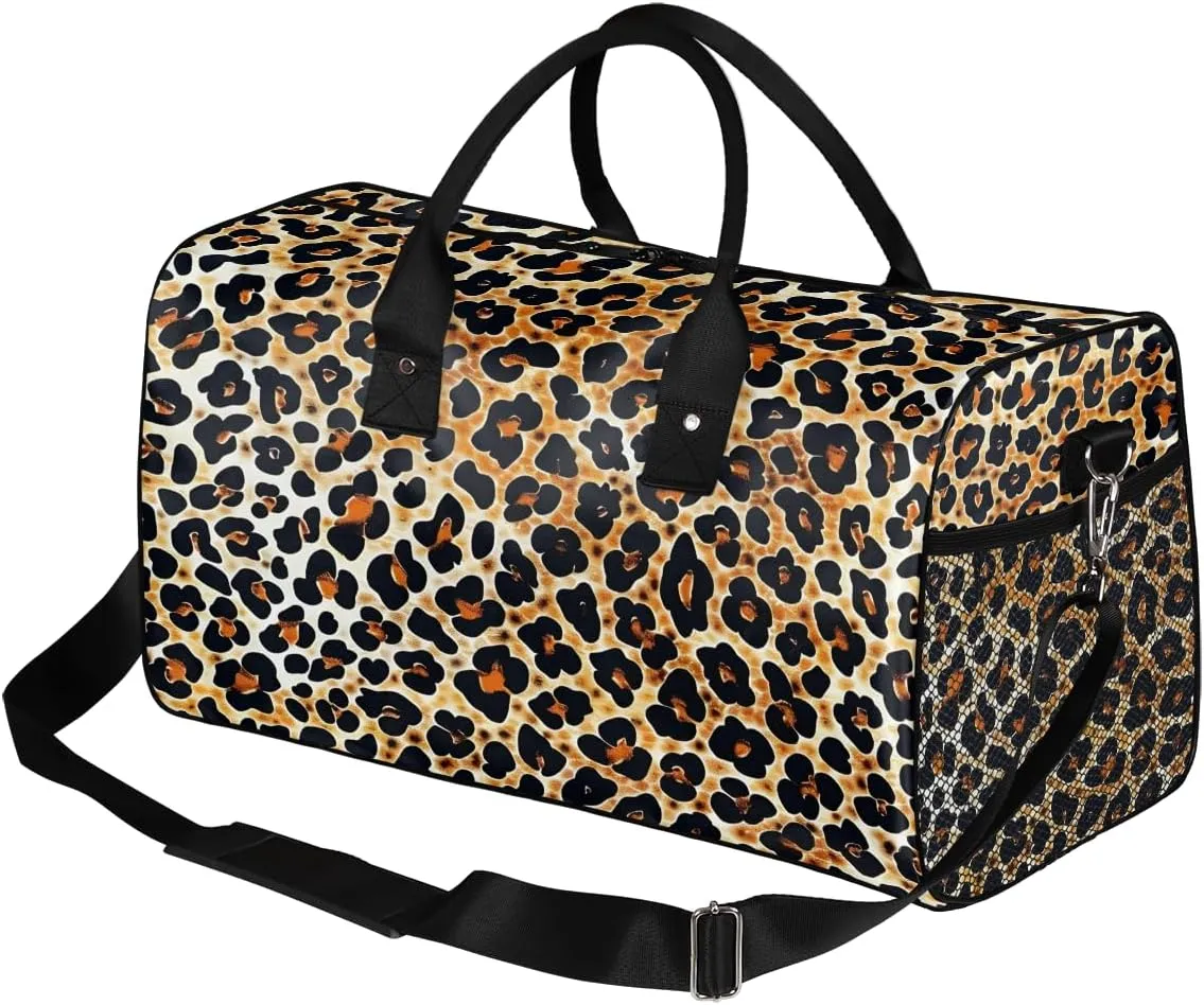 Leopard Travel Duffle Bag for Women Men Foldable Waterproof Weekender Bag Carry on Tote for Overnight Sports Gym Leopard Print Faux Fur