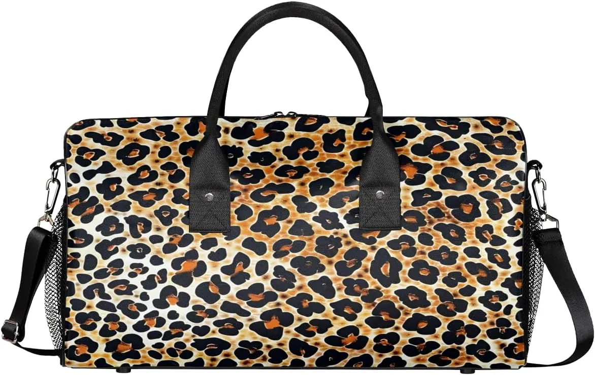 Leopard Travel Duffle Bag for Women Men Foldable Waterproof Weekender Bag Carry on Tote for Overnight Sports Gym Leopard Print Faux Fur