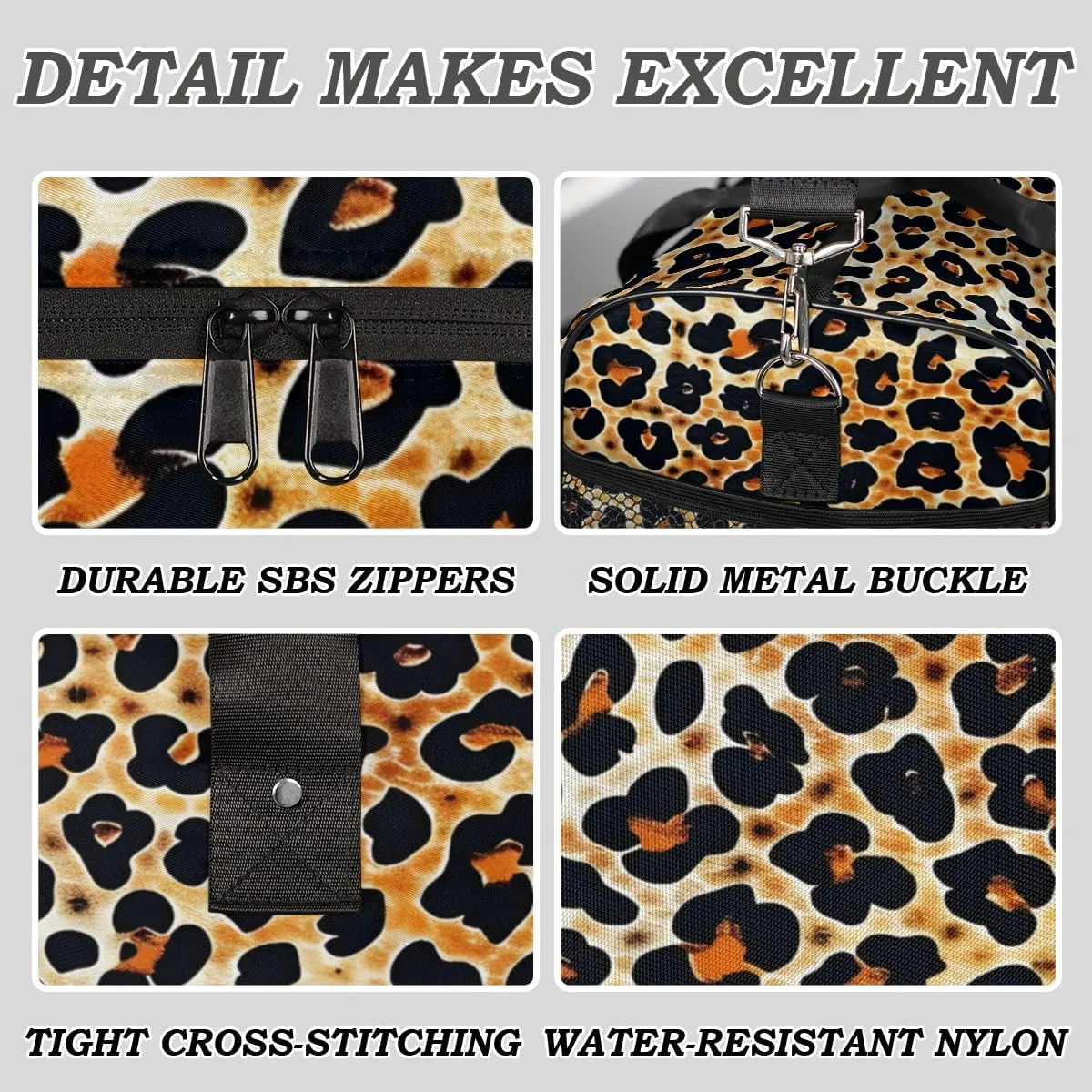 Leopard Travel Duffle Bag for Women Men Foldable Waterproof Weekender Bag Carry on Tote for Overnight Sports Gym Leopard Print Faux Fur
