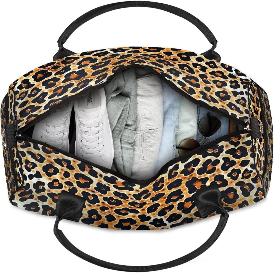 Leopard Travel Duffle Bag for Women Men Foldable Waterproof Weekender Bag Carry on Tote for Overnight Sports Gym Leopard Print Faux Fur